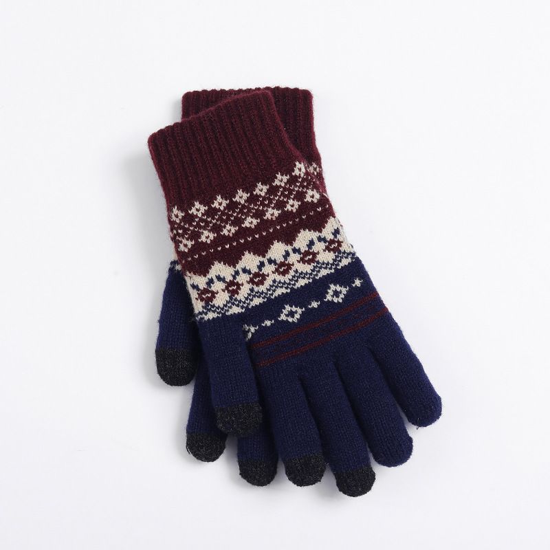 Autumn And Winter Adult Warm Gloves Women's Jacquard Knitted Touchscreen Yarn And Velvet Anti Cold Finger Gloves_viptrois.com