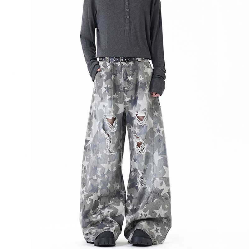 Star Camo Print Vintage Washed Jeans For Men – Loose-Fit Distressed Denim Pants With Retro Streetwear Style_viptrois.com