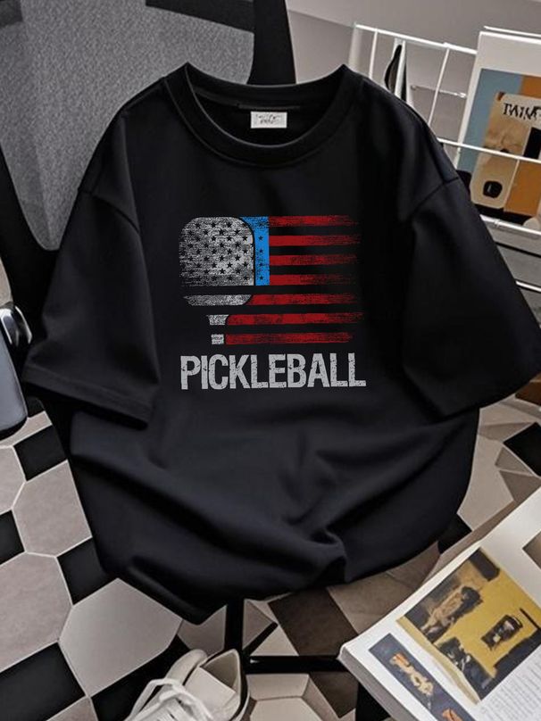 US Flag Pickleball Player Paddleball Lover Gift Unisex T-Shirt Homme Streetwear Designer Clothes Soft Summer Slightly Comfortable Versatile Casual_viptrois.com