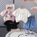 Boys' Summer Clothing Baby 2025 New Style Children's Short Sleeved Letter Printed Western-style Denim Shorts Two-piece_viptrois.com