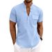 Men's Summer Linen Shirt Loose Fit Casual Commuter Workwear Henley Short Sleeve Simple Mature Style_viptrois.com