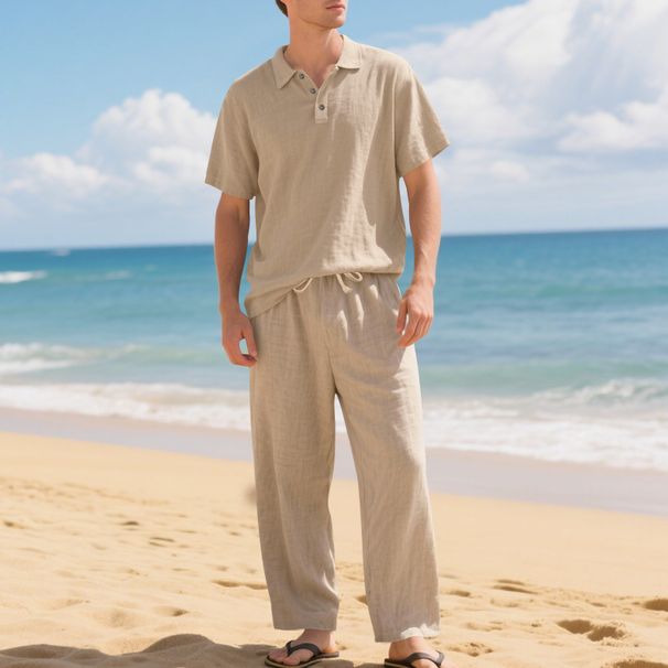 Men's Loose Fit Linen Trousers American Style Casual Beachwear Plus Size Summer Autumn Collared Sports Suit Breathable_viptrois.com