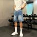 Men's Lightning Pattern Washed Distressed Denim Shorts Summer Thin Straight Leg Five Point Pants Trendy American Brand Vibe Cool And Stylish_viptrois.com