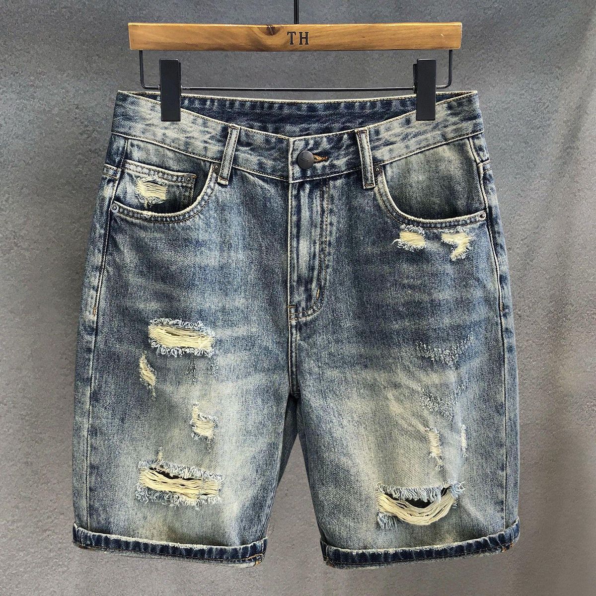 Men's Clothing Texture Retro Washed Ripped Denim Shorts Men's Summer Thin Straight Shorts_viptrois.com