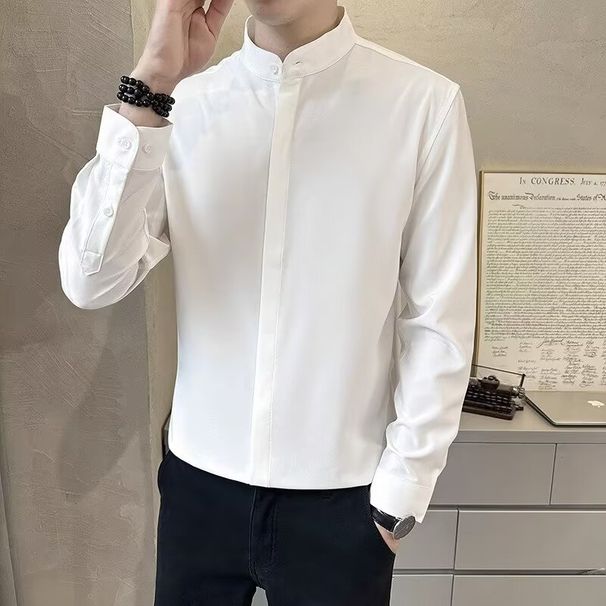 Stand Up Collar Shirt For Men, Long Sleeved Casual, Cool And Slim Fit Shirt For Men, No Ironing, Sunny_viptrois.com
