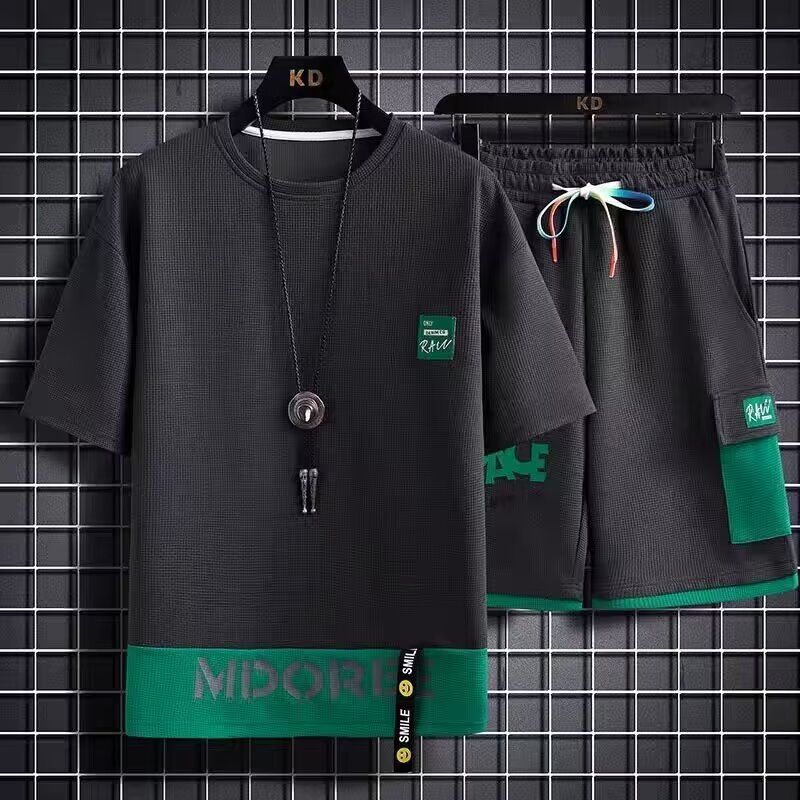Men's Clothing Waffle Casual Suit Summer Youth Large Size Sports Short Sleeved T Shirt Top Shorts Two Piece Suit_viptrois.com