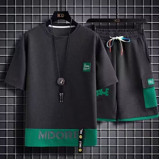 Men's Clothing Waffle Casual Suit Summer Youth Large Size Sports Short Sleeved T Shirt Top Shorts Two Piece Suit_viptrois.com