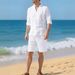 Men's Linen Long Sleeve Casual Top And Five Quarter Shorts Fashion Set_viptrois.com