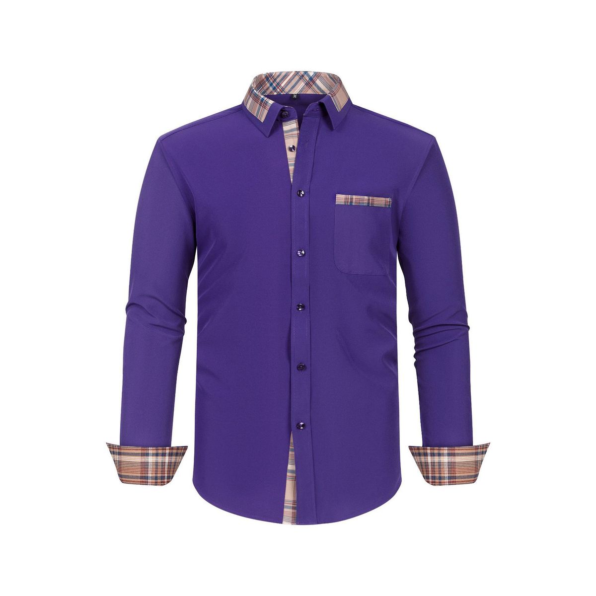 Men's Clothing four sided stretch shirt men's color matching casual long sleeved shirt men's slim plaid collar_viptrois.com