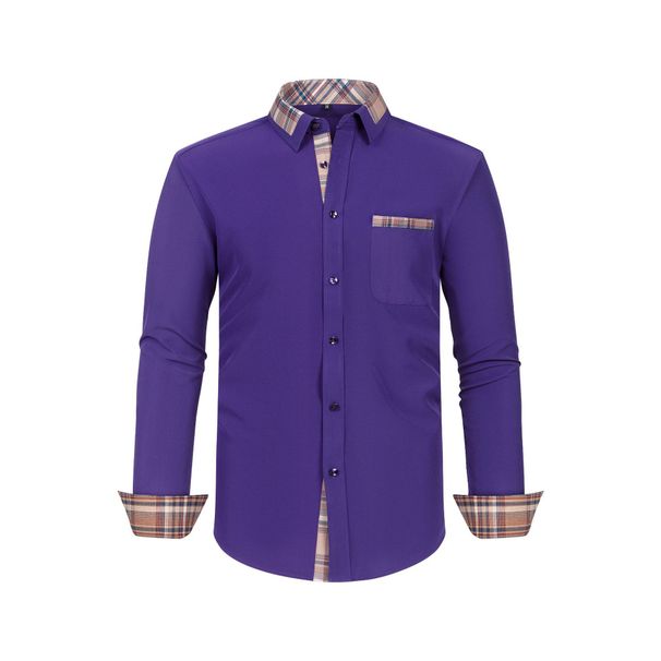 Men's Clothing four sided stretch shirt men's color matching casual long sleeved shirt men's slim plaid collar_viptrois.com