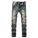 Cross-Border Clothing Ripped Straight Slim Fit Non-Stretch Tattered Men's Light Color Denim Trousers Jeans_viptrois.com