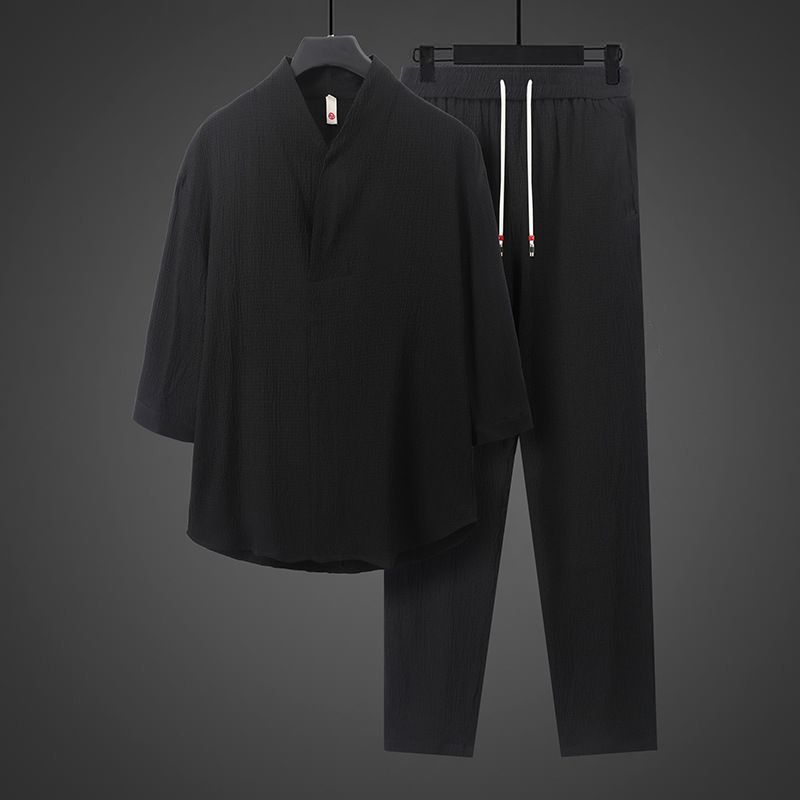 Men's Chinese Style Viscose Summer Tang Suit Set, Retro Modified Hanfu Short Sleeve T-Shirt Outfit, Zen Tea Clothing_viptrois.com