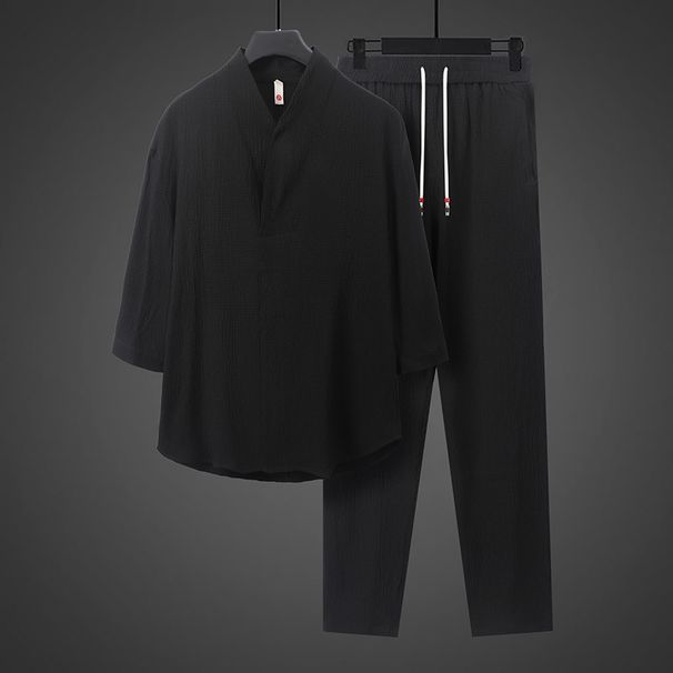 Men's Chinese Style Viscose Summer Tang Suit Set, Retro Modified Hanfu Short Sleeve T-Shirt Outfit, Zen Tea Clothing_viptrois.com