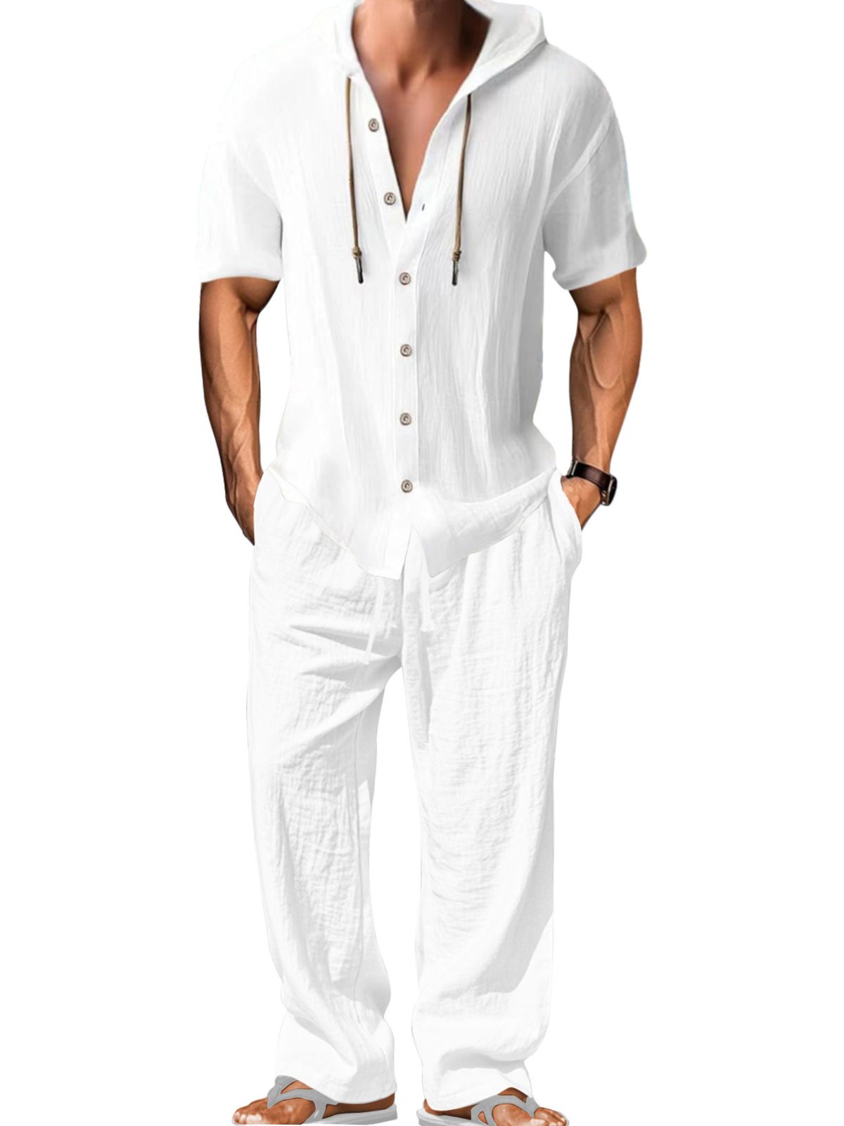 Men's Clothing European And American Men's Sports Casual Suits Hooded Cotton And Linen Long Sleeved Shirts Loose Trousers Suits_viptrois.com