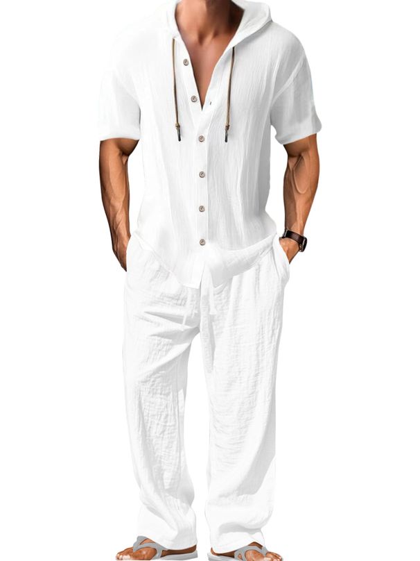 Men's Clothing European And American Men's Sports Casual Suits Hooded Cotton And Linen Long Sleeved Shirts Loose Trousers Suits_viptrois.com