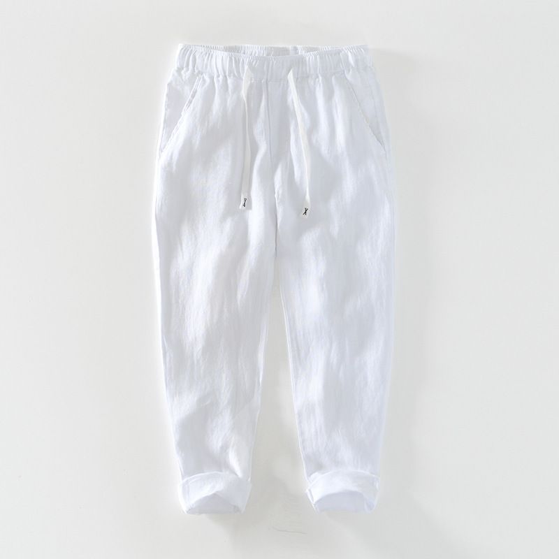 Men's Clothing New Summer Pure Linen Breathable Drawstring Trousers Men's Solid Color Simple Casual Trousers_viptrois.com