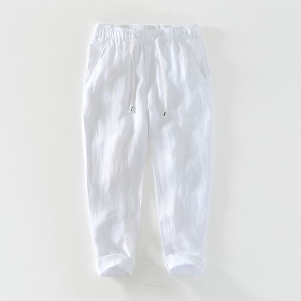Men's Clothing New Summer Pure Linen Breathable Drawstring Trousers Men's Solid Color Simple Casual Trousers_viptrois.com