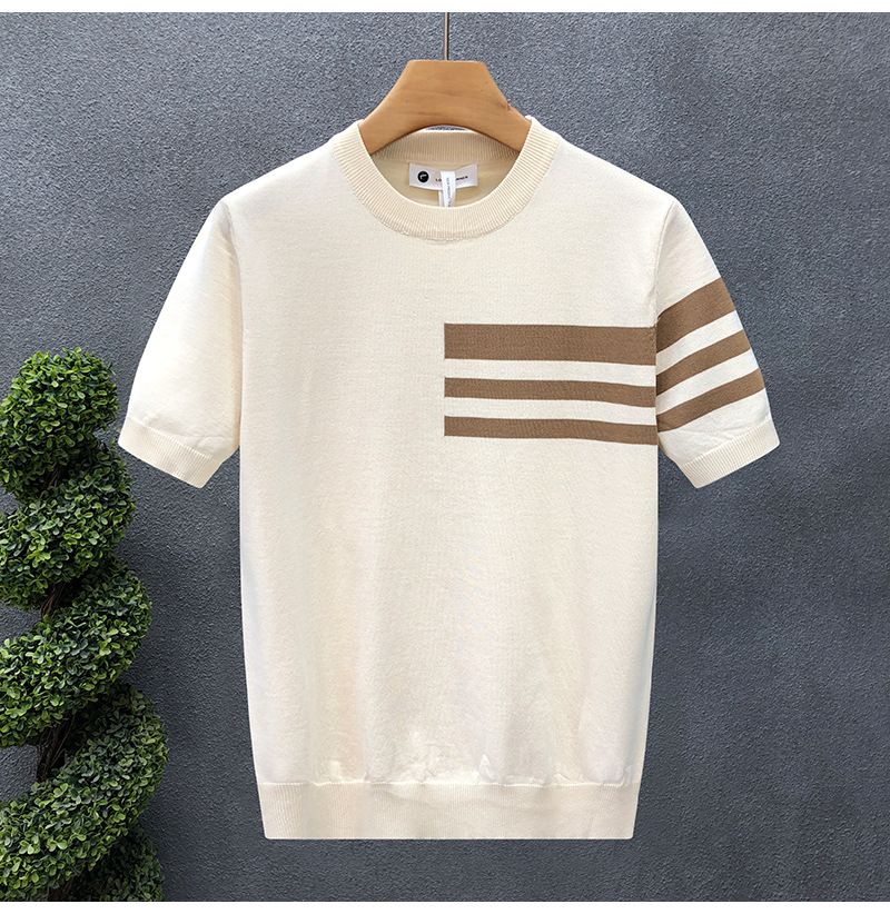 Men's Clothing Pullover Thin Short Sleeved T Shirt Advanced Round Neck Thin Knitted Sweater Half Sleeve_viptrois.com
