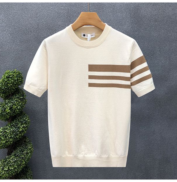 Men's Clothing Pullover Thin Short Sleeved T Shirt Advanced Round Neck Thin Knitted Sweater Half Sleeve_viptrois.com
