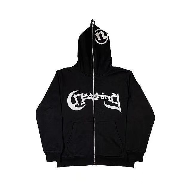 Gothic Letter Hoodie – Unisex Dark Fashion Zip-Up Sweatshirt | Harajuku Streetwear Oversized Couple Hoodie (Black, Grey)_viptrois.com