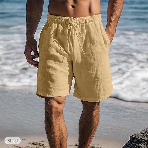 Men's Cotton Linen Shorts Drawstring Elastic Waist Straight Leg Solid Color Breathable Daily Beach Casual Five Point Shorts_viptrois.com