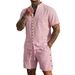 Men's Summer Shirt Set High Quality Button Decorated Shorts Stand Up Collar Solid Color Style_viptrois.com