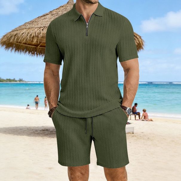 Men's Summer Polo Shirt And Shorts Set Short Sleeved Knitted Casual Collared Jacquard Textured_viptrois.com