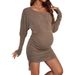 Maternity Clothes Shoulder Long Sleeved Maternity Hip Skirt Side Drawstring Slim Pregnant Women Short Dress_viptrois.com