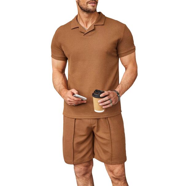 Cross-Border Summer Sports Suit V-Neck Polo Shirt Lapel Short-Sleeved Casual Men's Trendy 2-Piece Set Breathable And_viptrois.com