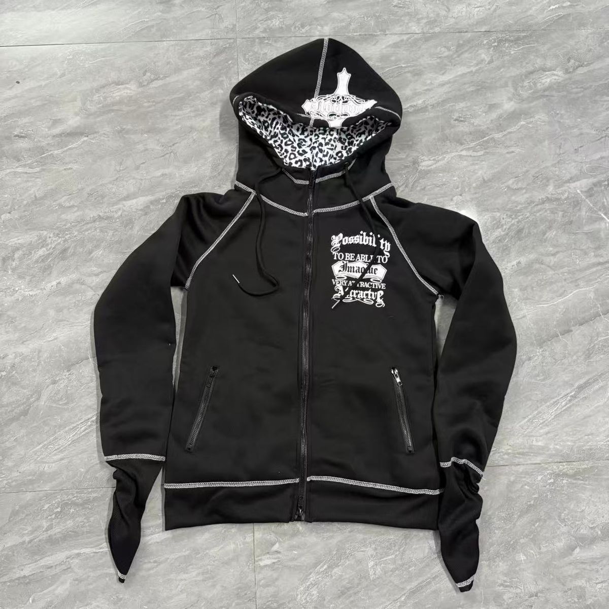 2254 Gothic Cardigan Leopard Print Cross Skull Hooded Sweatshirt Y2K Japanese Style Zipper Jacket For Women With A Sense_viptrois.com
