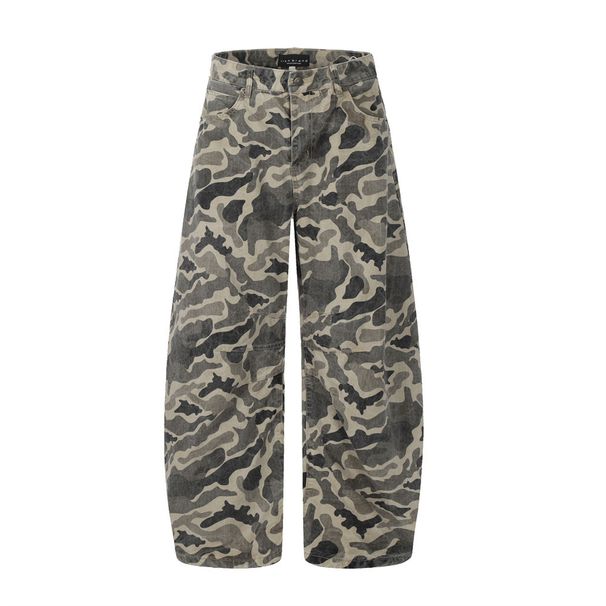 Street Style Camouflage Cargo Men's Denim Trousers Outdoor Sports Design Wrinkled Loose Wide-leg Pants_viptrois.com