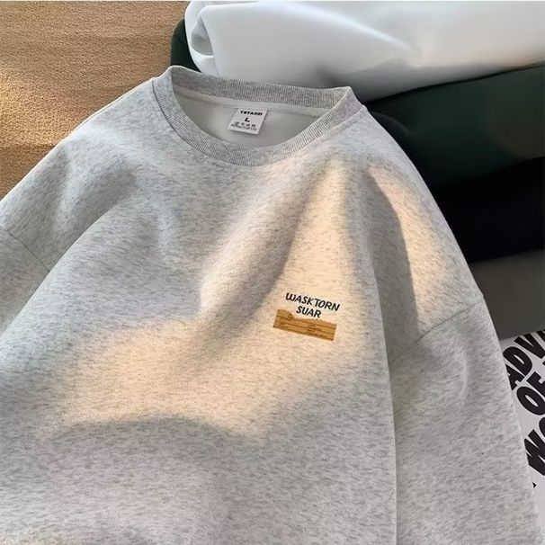 Men's Retro Heavyweight Fleece Crewneck Sweatshirt - Loose Fit Casual Streetwear For Winter (Dark Grey/Light Grey/White/Black/Beige)_viptrois.com