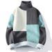 Pure Anyang Lazy Style Color-Block Turtleneck Sweater For Men Winter Fleece-Lined Thickened Warm Trendy Loose Knitted Base_viptrois.com