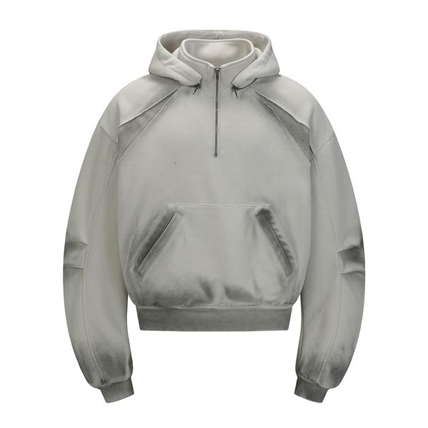 Wasteland Style Spray Paint Vintage Dirty Hoodie For Men With Detachable Hat Design Half-Zip Stand Collar Sweatshirt_viptrois.com