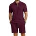Men's Summer Short Sleeve Knit Polo Shirt With Jacquard Texture And Shorts Set, Casual Turn-Down Collar Outfit For Daily Wear_viptrois.com