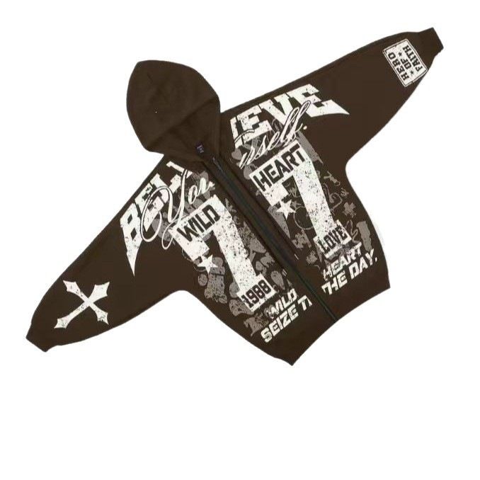 Men's Y2K Millennium Style Distressed Digital Print Hoodie with Cross Loose Sleeves And Zip up for Casual Wear_viptrois.com