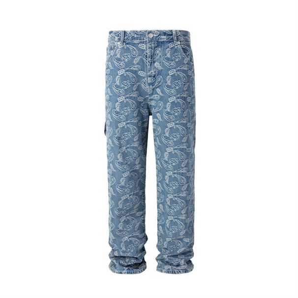 Men's Clothing High Street Washed Loose Wide Leg Cashew Flower Embroidered Straight Jeans Jeans_viptrois.com