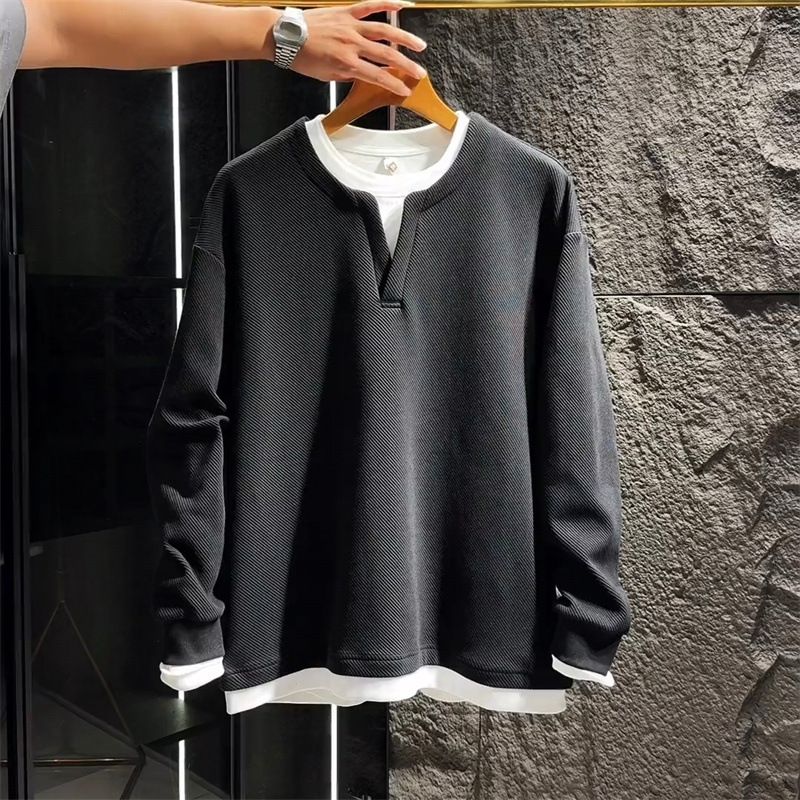 "Men's Heavyweight Faux Two-Layer Sweatshirt – Crew Neck Relaxed Fit Fleece Lined Pullover, Autumn Casual Solid Color Top (Black/Khaki, M-4XL)"_viptrois.com