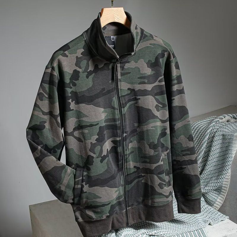 Spring And Autumn Cardigan Camouflage Hoodie Men's Loose Casual Stand Up Collar Zipper Jacket_viptrois.com