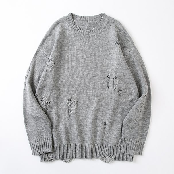 Men's Clothing Hole Couple Sweater Men's Autumn And Winter American Trendy Brand Loose Round Neck Pullover Knitted Sweater Lazy Style Top_viptrois.com