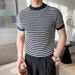 Jacquard Stripe T-Shirt – Breathable Slim Fit Tee, Lightweight & Stylish (Beige/Navy), M-3XL_viptrois.com