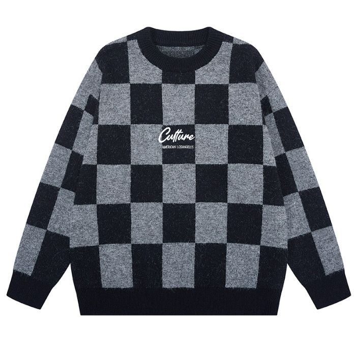 Winter Thick Warm American Style Sweater For Men Loose Fit Plus Size Checkered Jacquard Knitwear Trendy Brand_viptrois.com