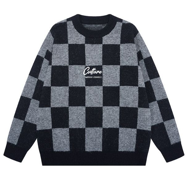 Winter Thick Warm American Style Sweater For Men Loose Fit Plus Size Checkered Jacquard Knitwear Trendy Brand_viptrois.com