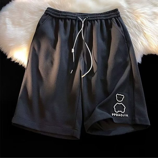 Men's Waffle Pattern Shorts With Bear Print - Casual Breathable Summer Shorts For Street Style_viptrois.com
