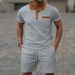 Men's Clothing Waffle Lapel Color Matching Chest Pocket Button Short Sleeve Shorts Suit_viptrois.com