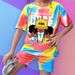 Mother & Kids INS Girls Summer Casual Tie Dye Full Print Short Sleeved 2 Piece Set Fashion Casual Sports Suit_viptrois.com