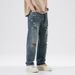 Men's Clothing New Retro Washed Hole Jeans Men's Casual Versatile Loose Straight Wide Leg Pants Handsome Style_viptrois.com