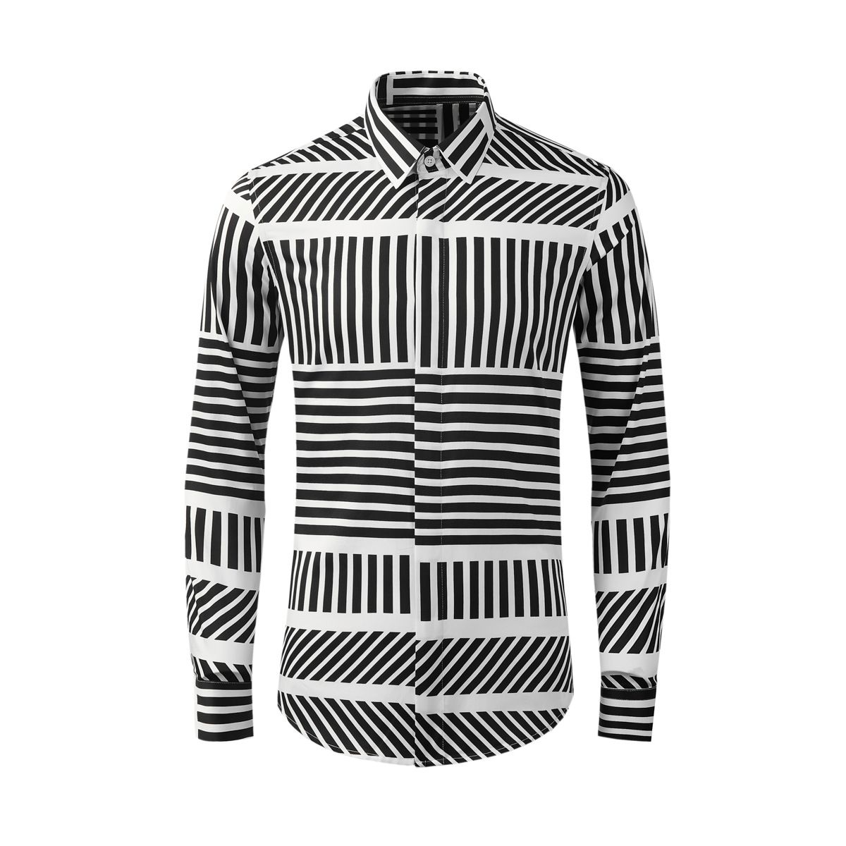Men's Slim-Fit Long-Sleeve Shirt – Stripe Print, 100% Cotton, Breathable & Stylish_viptrois.com