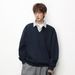 Monochrome Man- Two-Piece Striped Shirt V-Neck Sweatshirt Men's Spring Heavyweight Texture Retro College Style Polo Pullover Jacket_viptrois.com