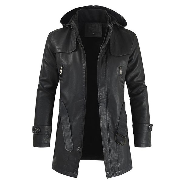 Long leather coat in men's clothing Korean youth plus size PU leather windbreaker_viptrois.com